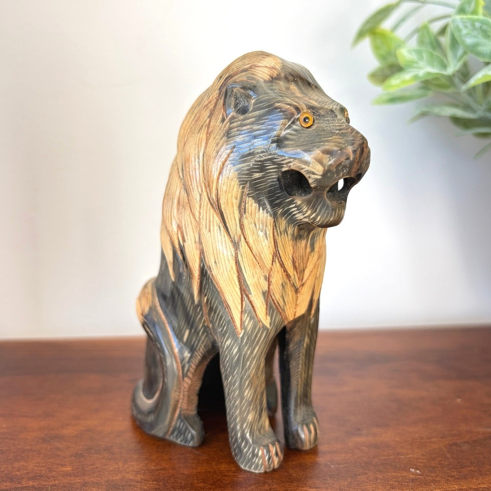 Vintage Hand Carved Lion Figurine Two Tone Seated Animal Sculpture 5 Inch
